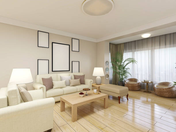 istock 3D rendering, clean and tidy modern living room design, with shoe cabinets, sofas, TVs, tables, lounge chairs, piano and other facilities in the door 1216352122