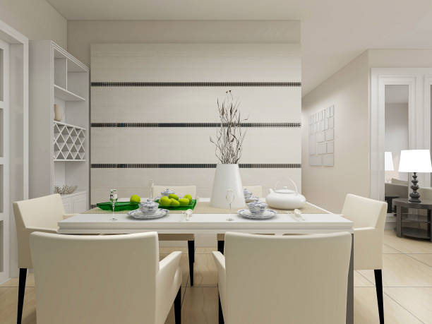 istock 3D rendering, warm dining room area design, wooden table and chair 1216352436
