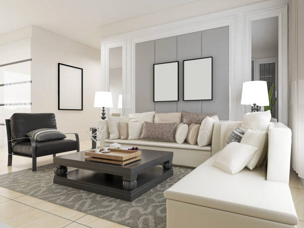 istock 3D rendering, spacious living room design of modern residence, with sofa, tea table, decorative painting, etc 1216353247