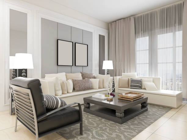 istock 3D rendering, spacious living room design of modern residence, with sofa, tea table, decorative painting, etc 1216353254