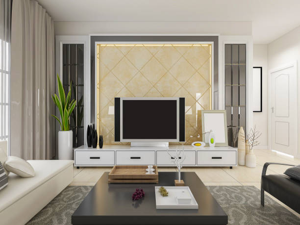 istock 3D rendering, spacious living room design of modern residence, with sofa, tea table, decorative painting, etc 1216353539
