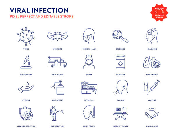 Viral Infection Icon Set with Editable Stroke and Pixel Perfect. Viral Infection Line Icon Set with Editable Stroke and Pixel Perfect. Coronavirus, Covid-19, Convid-19, SARS-CoV, n-CoV, SARS-CoV-2, MERS-CoV, Rotavirus, Influenza, HIV, Hantavirus etc. epidemiology stock illustrations