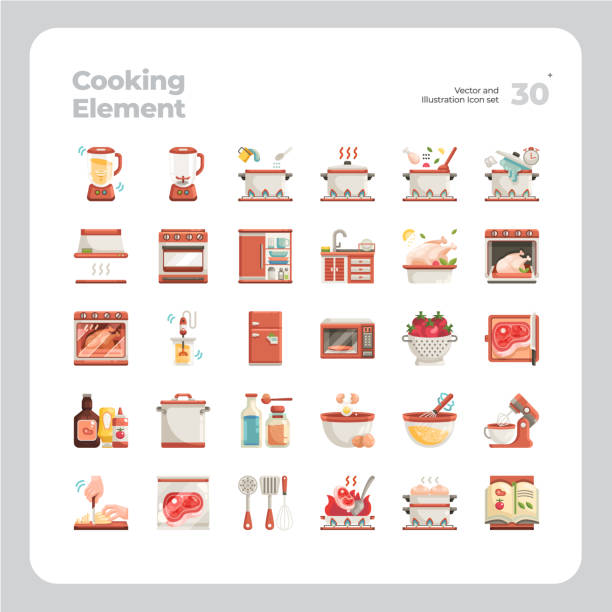 ilustrações de stock, clip art, desenhos animados e ícones de vector flat icons set of cooking element & equipment - boiling water