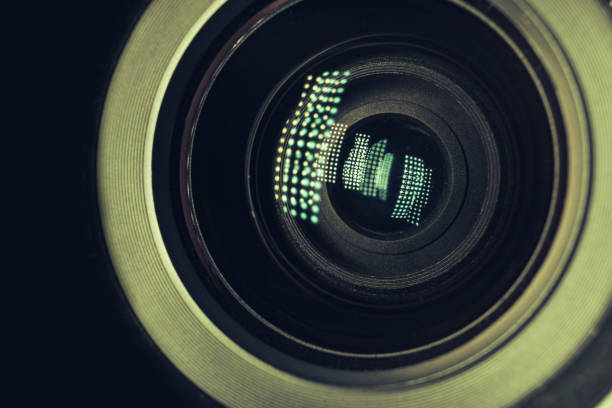 istock Beautiful camera lens with light reflection. Background pattern for design. Macro photography view. 1216355892