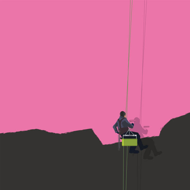 ilustrações de stock, clip art, desenhos animados e ícones de a man paints a black wall with pink paint to express his optimism. - pintar parede