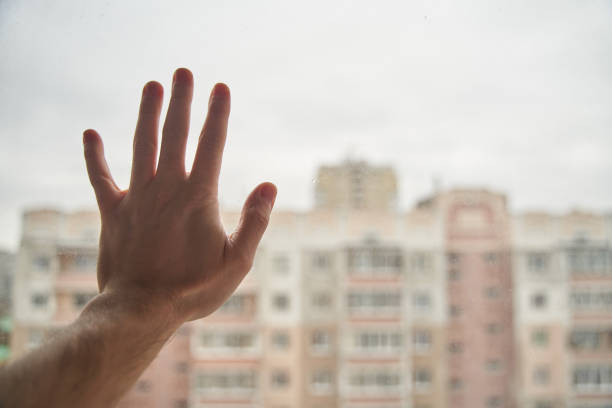 istock Young man on self-isolation. Stay home. Hand on the window 1216358302