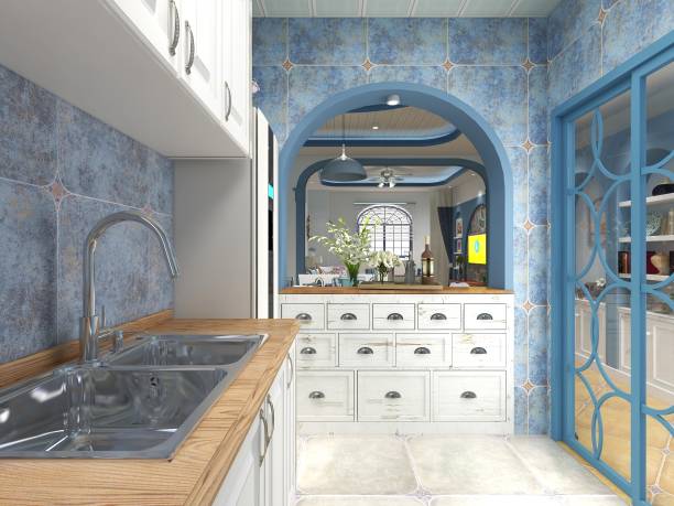 istock 3D rendering, blue Mediterranean family home kitchen design, new cabinets and kitchenware with refrigerator, sunlight comes in through the window 1216359601