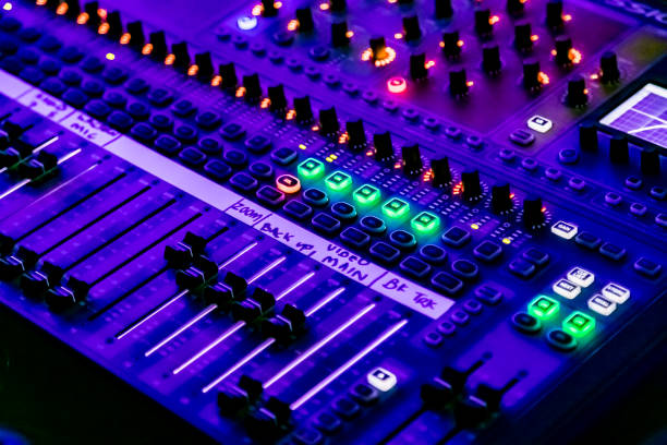 istock sliders and button on Audio Mixing Desk at live event 1216359627