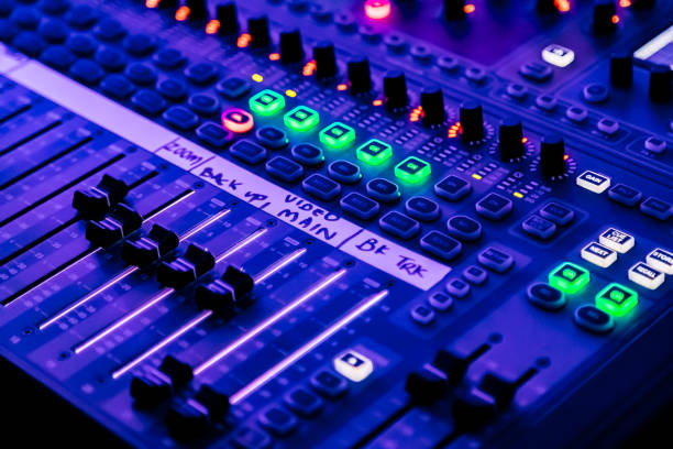 istock sliders and button on Audio Mixing Desk at live event 1216359630