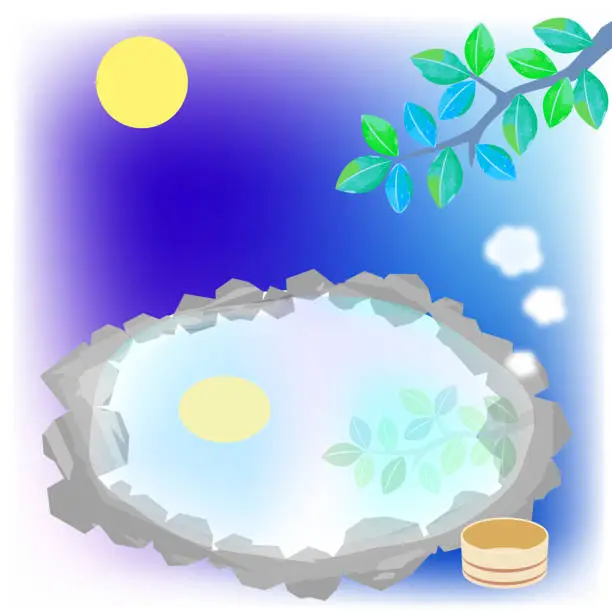 Vector illustration of outside hot spring at night