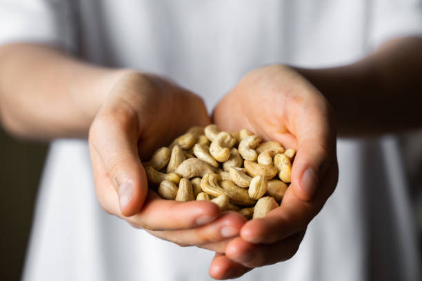 Cashew nuts in a womans hands. Cashew nut is a healthy vegetarian protein and nutritious food. Nuts in a humans hand. stock photo