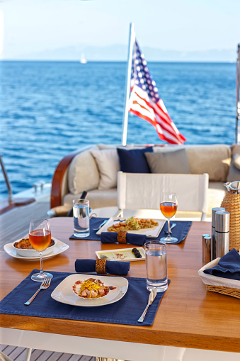 Lunch on Motor Yacht, Table Setting at a Luxury Yacht