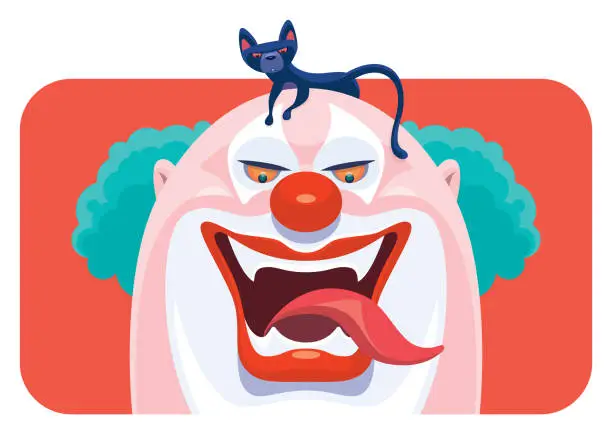 Vector illustration of scary clown laughing with black cat