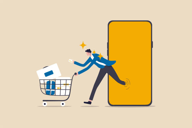 Online shopping or mobile shopping app concept, young man consumer holding credit cart pushing full of goods and box packages in shopping cart trolley running from website or app on mobile smart phone Online shopping or mobile shopping app concept, young man consumer holding credit cart pushing full of goods and box packages in shopping cart trolley running from website or app on mobile smart phone online shopping illustrations stock illustrations