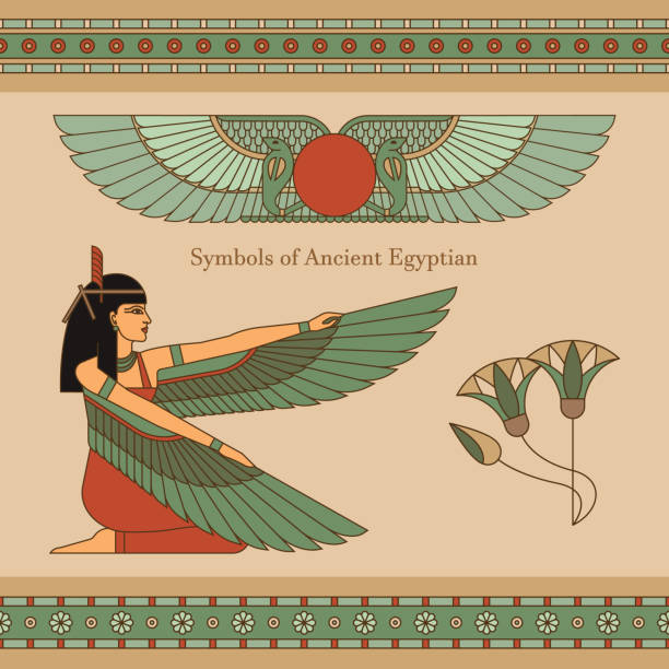 Symbols of ancient Egypt with an illustration of a woman with wings, lotus and other symbols Symbols of ancient Egypt with an illustration of a woman with wings, lotus, horizontal seamless pattern and other symbols. ancient egyptian art stock illustrations