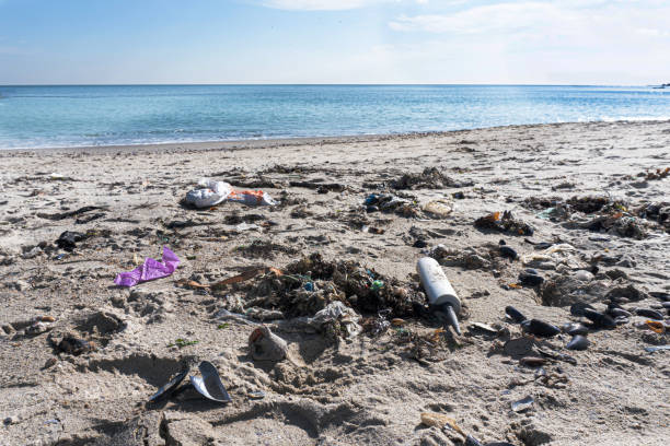 trash à la plage près de la mer ou de l’océan. pas de concept de maladies plastiques et mondiales. sauvez le monde, gardez un environnement propre. il y a de la place pour le texte. bon fond. - toxic substance spilling pouring bottle photos et images de collection