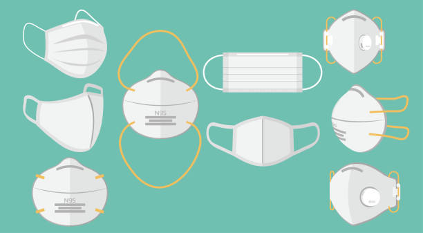 Set of breathing protective medical respiratory masks stock illustration Set of breathing protective medical respiratory ffp1, N95, cloth, surgical masks, dust protection respirator, air pollution, disease, virus prevention, flu protection, vector illustration dust pollution stock illustrations