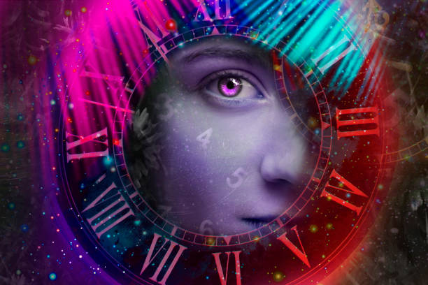 istock Artistic female portrait surrounded by space and time 1216374983