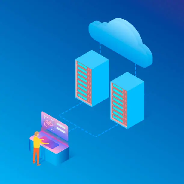 Vector illustration of Cloud Server Big Data storage and User identification, Protected data