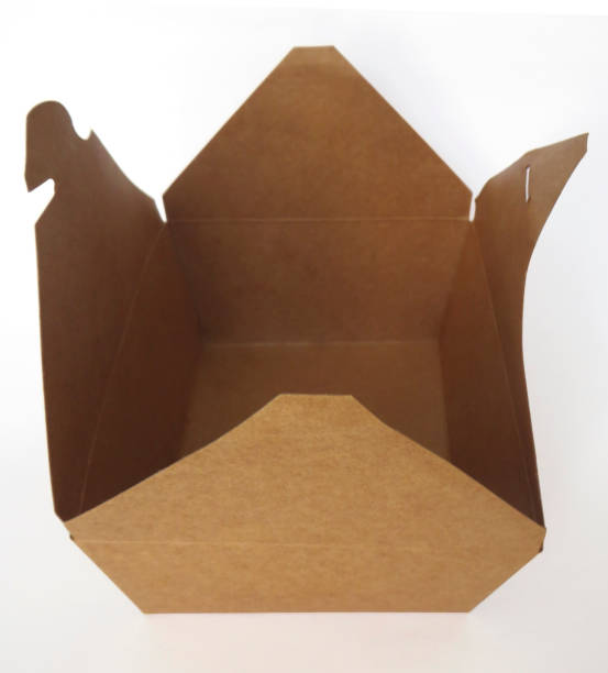 istock Aerial view of open takeaway box. Recyclable cardboard open and empty square box ideal for takeaway food isolated on white background. 1216375214