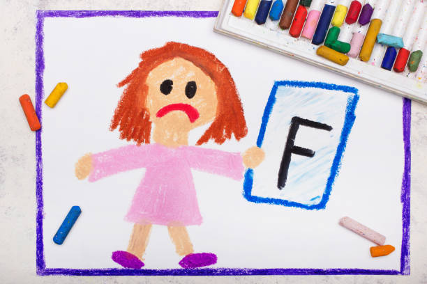School grades. Sad student with exam or test result. Girl holding report card with F grade. Photo of colorful hand drawing. School grades. Sad student with exam or test result. Girl holding report card with F grade. Photo of colorful hand drawing. f minus grade stock pictures, royalty-free photos & images