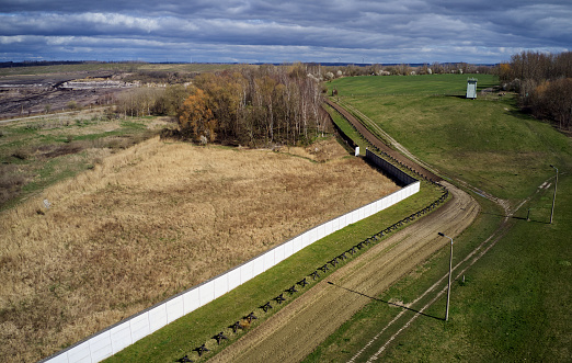 Aerial view of the preserved border fortifications on the German-German border between the FRG and the GDR