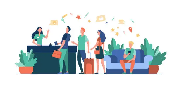 Vector illustration of Tourists with bags checking in at hotel