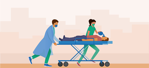 Medical team resuscitates  affected person. Doctors take the patient to a hospital gurney. The man has difficulty breathing and pneumonia. Doctor uses a manual device for artificial ventilation of the lungs. Vector flat style illustration.