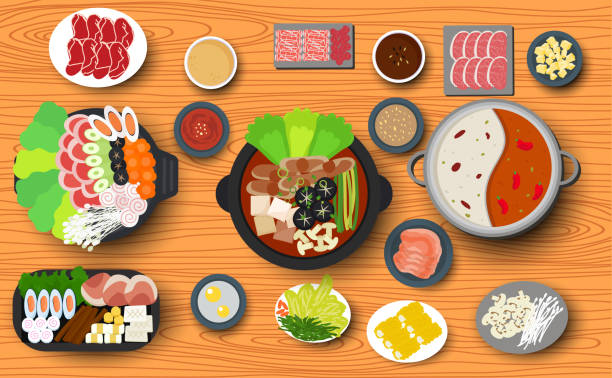 Web Hotpot and ingredient on the wooden table food and drink illustrations stock illustrations