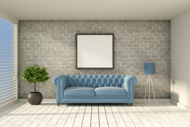 istock 3D Indoor, living room, sofa and empty frame with brick wall and sunlight 1216381671