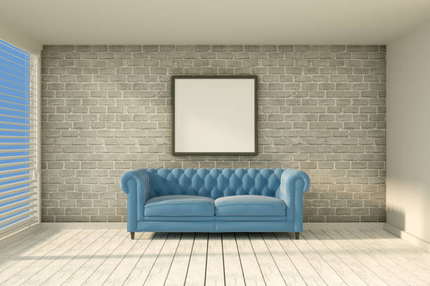 istock 3D Indoor, living room, sofa and empty frame with brick wall and sunlight 1216381756