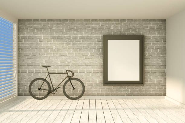 istock 3D Indoor, living room, bicycle and empty frame with brick wall and sunlight 1216382651