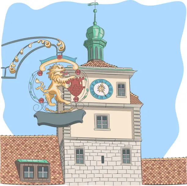 Vector illustration of The old tower in Rothenburg ob der Tauber.