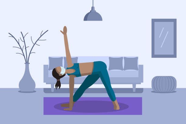 People are quarantined at home to prevent viral infection. masked woman practices yoga at home. COVID-19 virus outbreak. vector art illustration