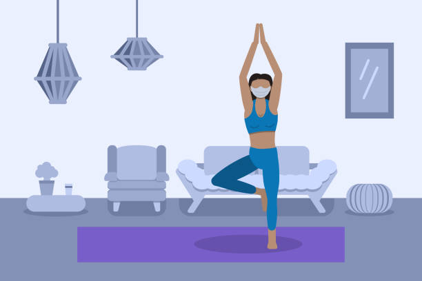 masked woman practices yoga at home. COVID-19 virus outbreak. People are quarantined at home to prevent viral infection. vector art illustration