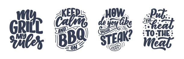 ilustrações de stock, clip art, desenhos animados e ícones de set with bbq fun slogans, great design for any purposes. lettering for family dinner design. funny print, poster and banner with phrase about barbeque. vector - grilled chicken chicken barbecue fire