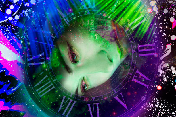 istock Artistic female portrait surrounded by space and time 1216384998
