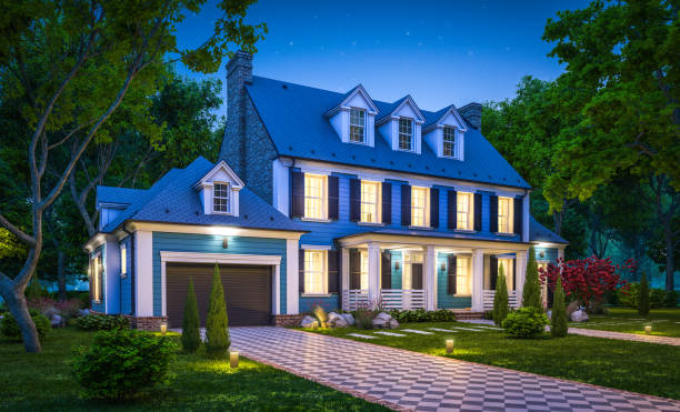 istock 3d rendering of modern classic house in colonial style in night 1216386311
