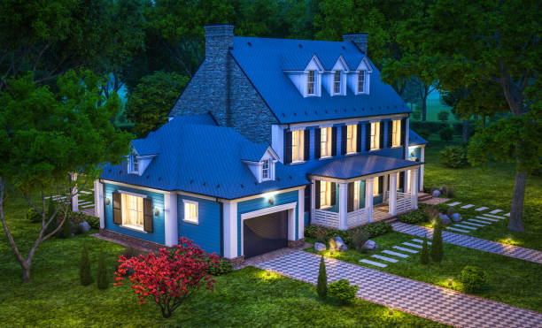 istock 3d rendering of modern classic house in colonial style in night 1216386375