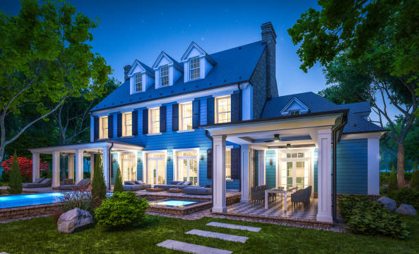 istock 3d rendering of modern classic house in colonial style in night 1216386414