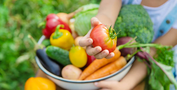 istock Child in the garden with vegetables in his hands. Selective focus. 1216388112