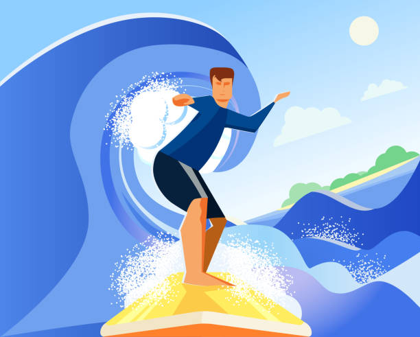 istock Young man is surfing in the sea. Vector flat design illustration 1216389891