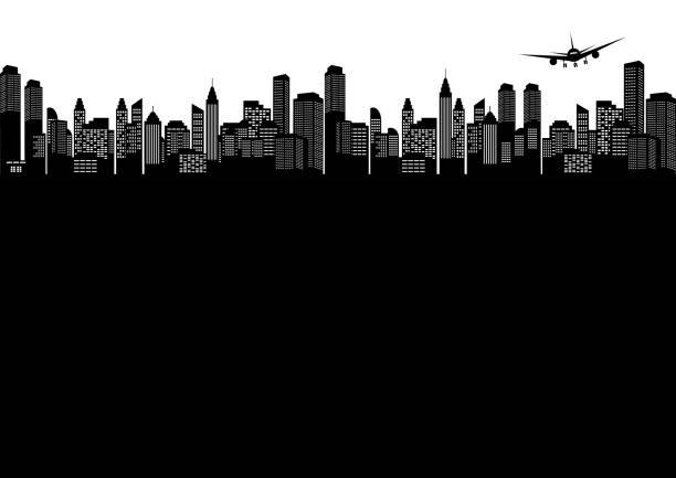 the airplane flying over the city black silhouette the airplane flying over the city tokyo streets stock illustrations