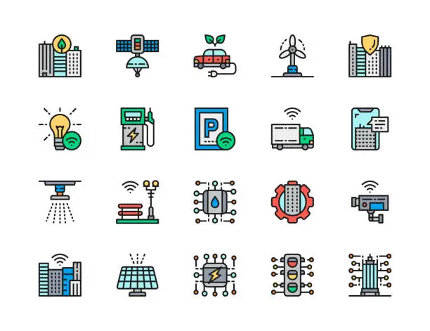 Vector illustration of Set of Smart City Flat Color Line Icons. Clean Town, Space Satellite Station and more.