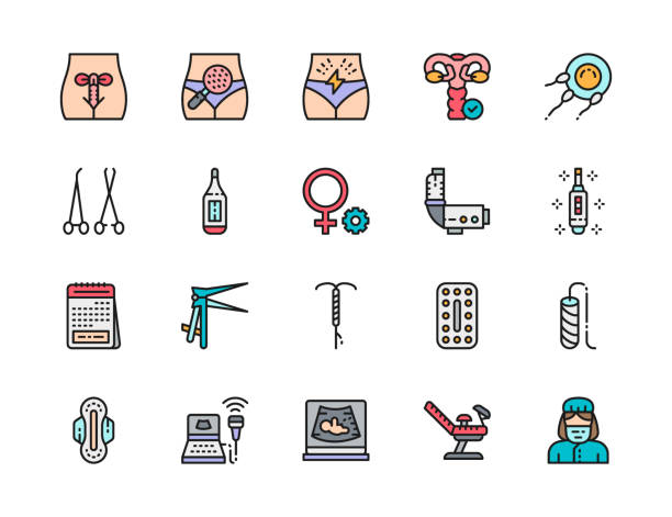 ilustraciones, imágenes clip art, dibujos animados e iconos de stock de conjunto de iconos de líneas de color planas de ginecología. termómetro, prueba de embarazo, tampón y más - menstruation tampon gynecological examination sex