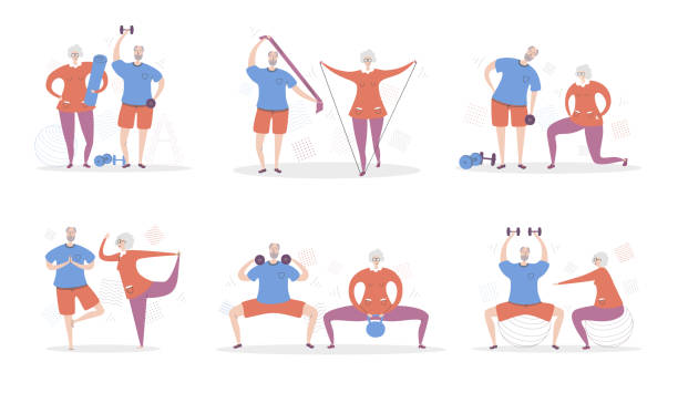 Set of vector illustration Senior Fitness. Set of vector illustration Senior Fitness. Happy grandfather and grandmother exercising together. Active lifestyle for elderly people couples. Collection of workout for adults scenes in flat style. cartoon of the older people exercising gym stock illustrations