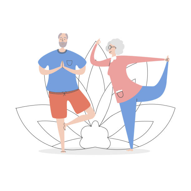 Flat vector illustration Senior Yoga. Flat vector illustration Senior Yoga. Smiling grandfather and grandmother practising asana together and a lotus flower. Active lifestyle for elder people couples. Stretching workout for adults. cartoon of the older people exercising gym stock illustrations