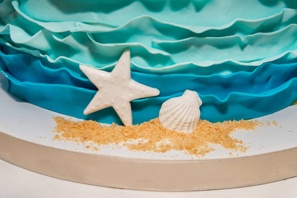 istock Birthday cake with white starfish and seashell 1216391765