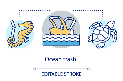 Ocean trash concept icon. Marine debris. Waterborne plastic pollution problem. Threat to fish, reptiles. Eco problem idea thin line illustration. Vector isolated outline drawing. Editable stroke
