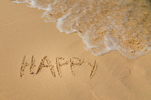 istock The word Happy written in the sand on a beach 1216395055